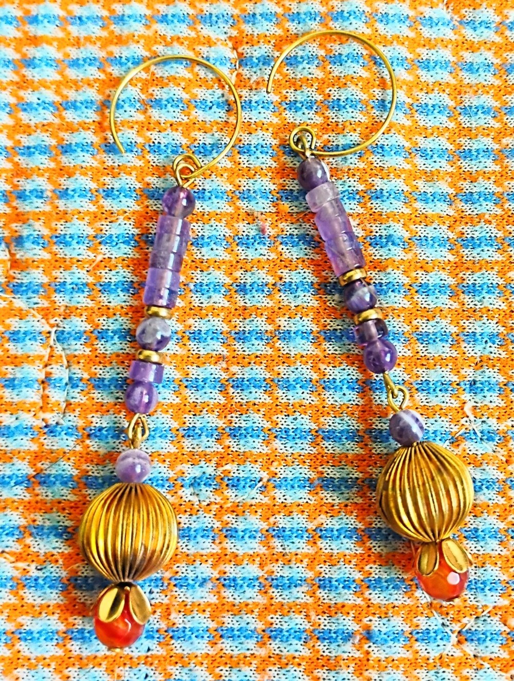 Handmade Amethyst and Carnelian 'Squashed' Dangle Earrings